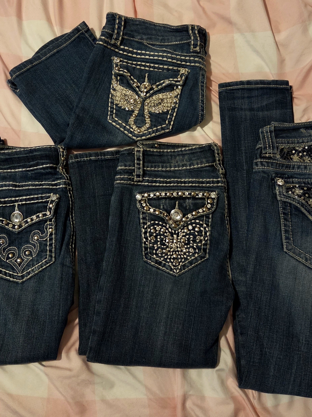 L.A. idol Dark Blue Skinny Jeans with Rhinestone Embellished Pockets